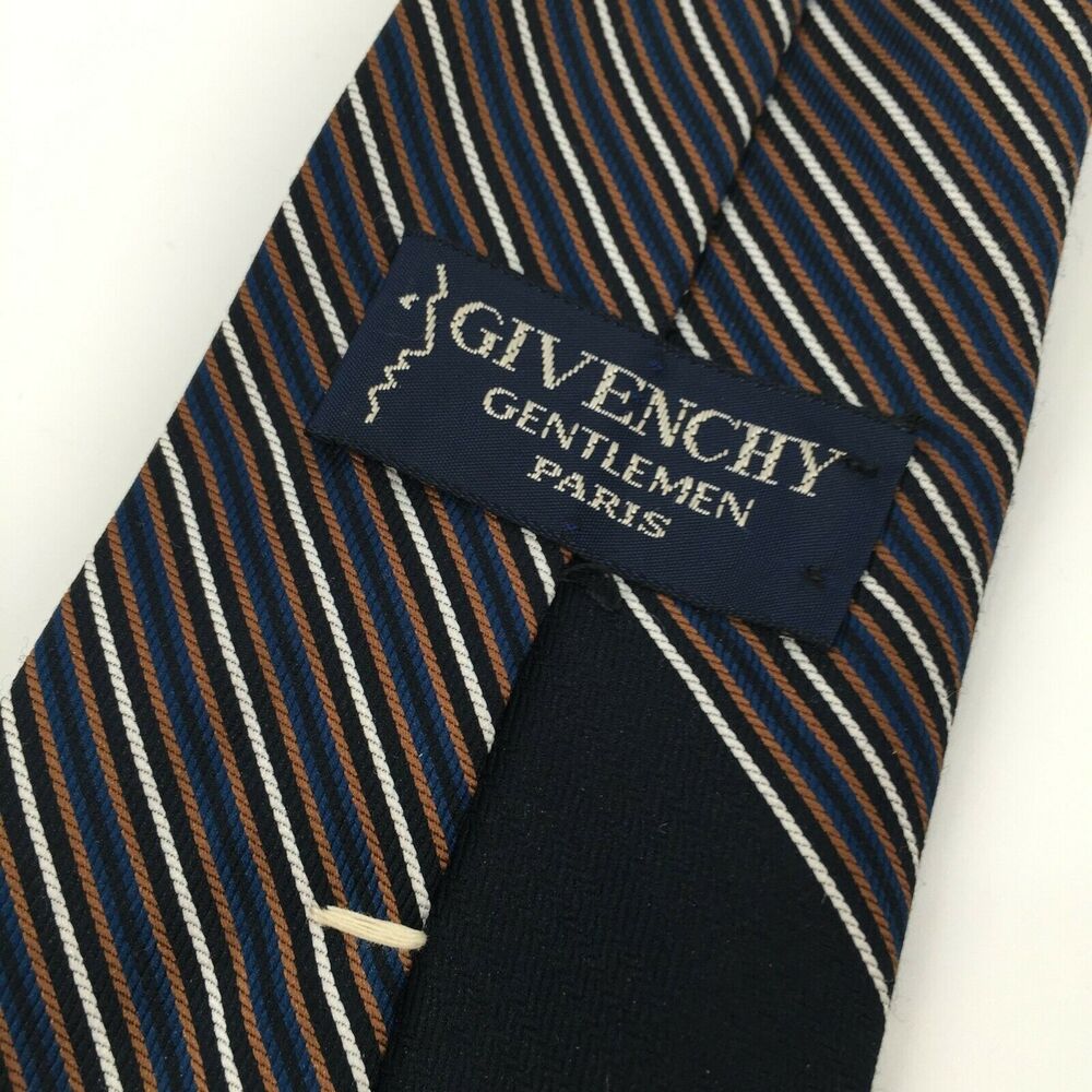Vintage 1970s Givenchy Gentlemen Paris Tie Navy Blue Striped Skinny Necktie - Picture 6 of 12